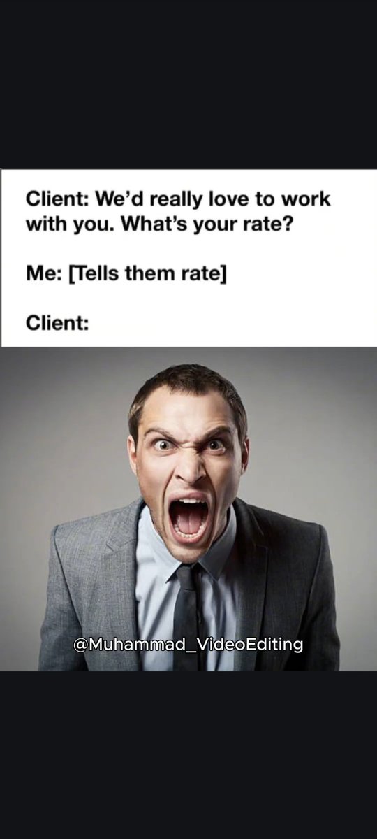 Muhamad_Convert's tweet photo. Why does every client act like the rate is 100k per hour? 🤣
#memes #videoeditingmemes #clientrate https://t.co/LJ5h3ty8bm