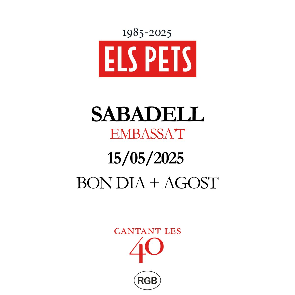 Seguim amb les confirmacions de noves dates pel 2025! El 15 de maig tindrem l’honor de fer el concert inaugural de l’Embassa't de Sabadell, amb els discos de “Bon dia” i “Agost”. Serà a les 20.30 h al Parc de l’Amfiteatre. 

🎟️ Entrades*: dice.fm/partner/embass…

*Si heu comprat