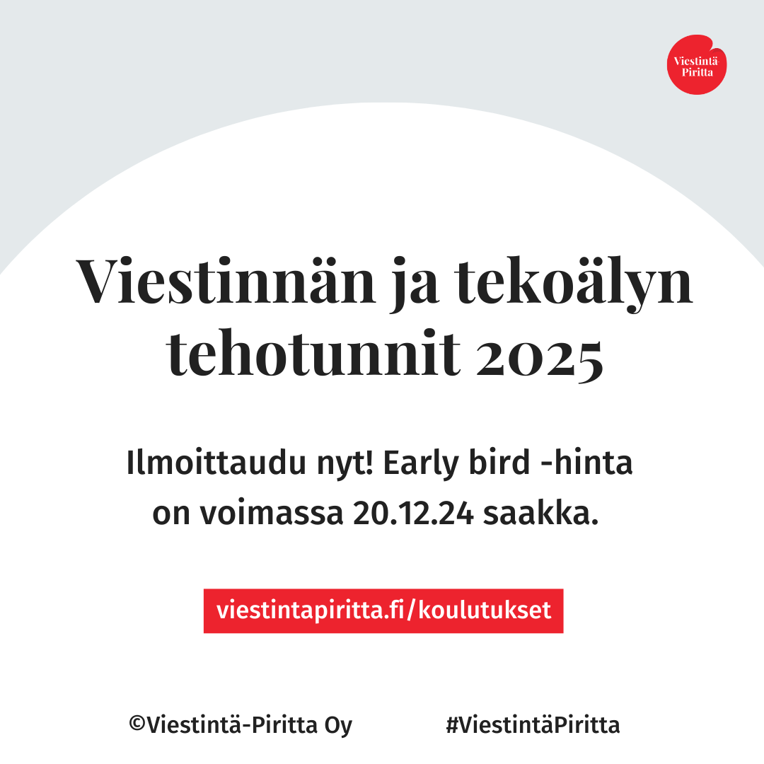 Piritta's tweet photo. Viestinnän ja tekoälyn tehotunnit tarjoavat täsmäaiheista paljon tietoa lyhyessä ajassa. Tutustu aiheisiin, lue lisää  ja ilmoittaudu nyt!

Early bird -hinta 75 € + alv 25,5 % / tehotunti on voimassa koodilla JOULULAHJA 20.12.24 asti.
#Viestintä #Tekoäly

https://t.co/8AjC0Qpyra https://t.co/wTZiGOJxXi