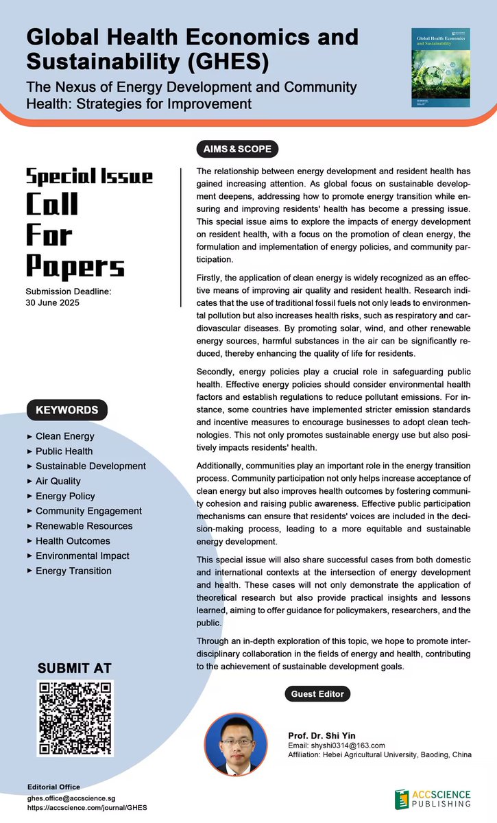 GHES_ASP's tweet image. 📢 New Special Issue Online: "The Nexus of Energy Development and Community Health: Strategies for Improvement"
😊 We welcome submissions from authors interested in contributing to this topic.
✨ Submission link: accscience.com/user/manuscrip…