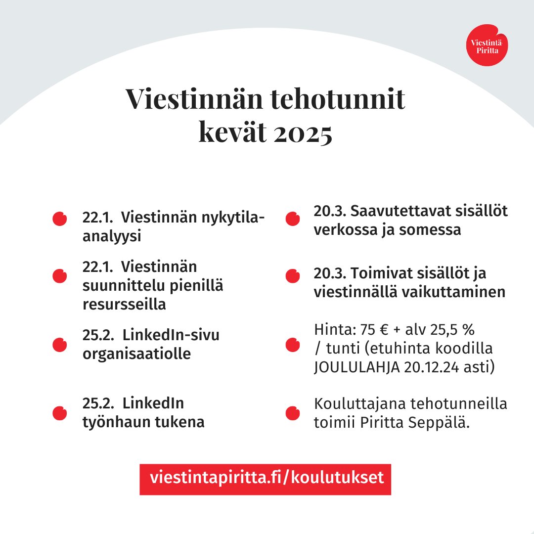 Piritta's tweet photo. Viestinnän ja tekoälyn tehotunnit tarjoavat täsmäaiheista paljon tietoa lyhyessä ajassa. Tutustu aiheisiin, lue lisää  ja ilmoittaudu nyt!

Early bird -hinta 75 € + alv 25,5 % / tehotunti on voimassa koodilla JOULULAHJA 20.12.24 asti.
#Viestintä #Tekoäly

https://t.co/8AjC0Qpyra https://t.co/wTZiGOJxXi