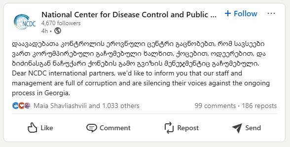 The official Linkedin page of the National Center for Disease Control and Public Health Georgia just wrote this --