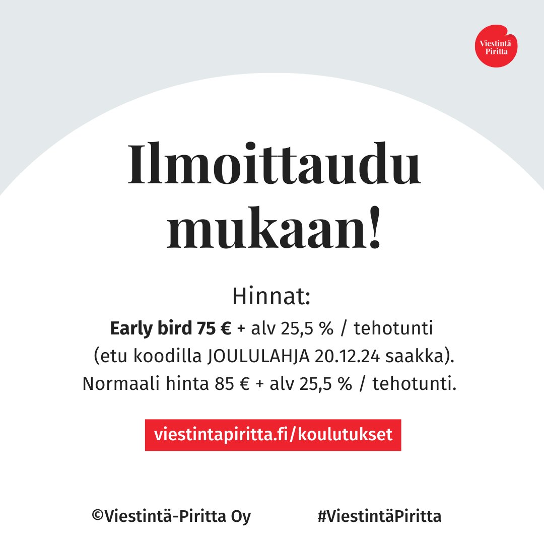 Viestinnän ja tekoälyn tehotunnit tarjoavat täsmäaiheista paljon tietoa lyhyessä ajassa. Tutustu aiheisiin, lue lisää  ja ilmoittaudu nyt!

Early bird -hinta 75 € + alv 25,5 % / tehotunti on voimassa koodilla JOULULAHJA 20.12.24 asti.
#Viestintä #Tekoäly

viestintapiritta.fi/koulutukset/