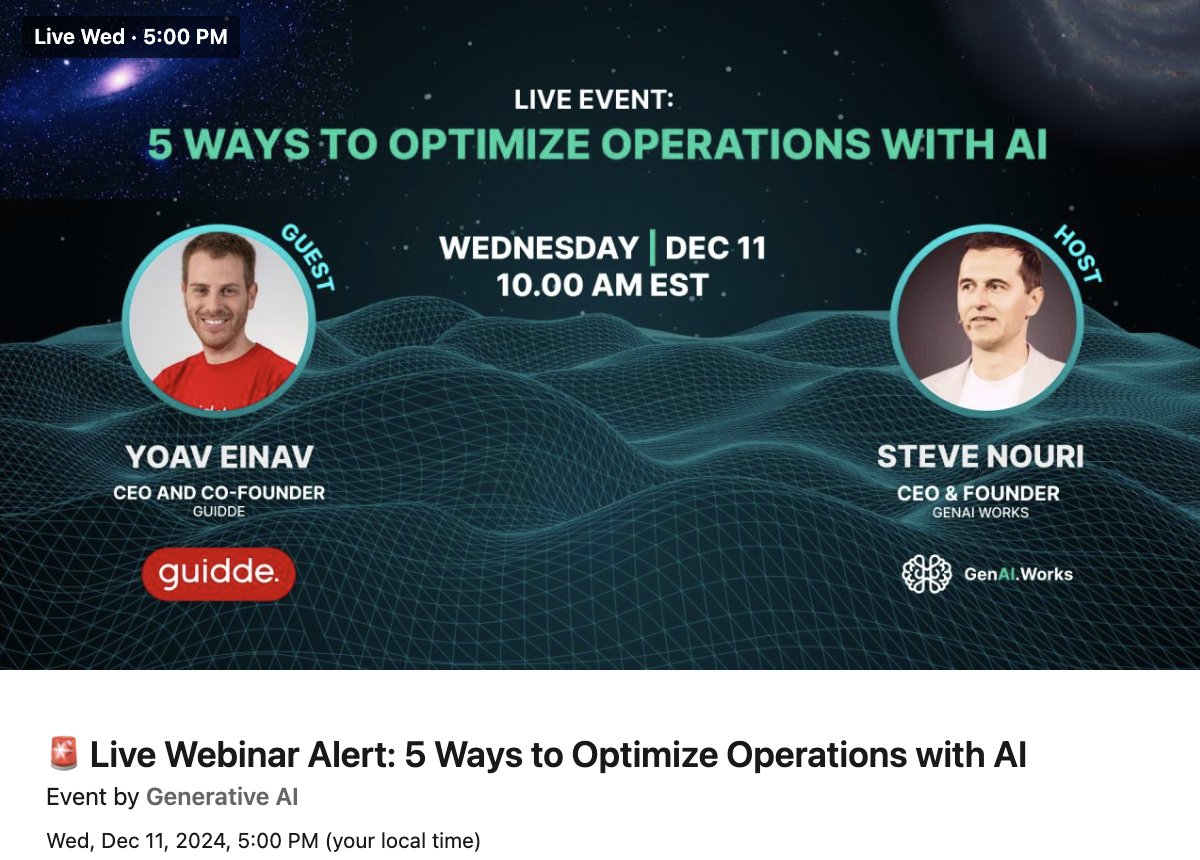 guidde (@guiddeco) on Twitter photo Hosted by <a href="/SteveNouri/">Steve Nouri</a> , CEO of  GenAI.Works, with special guest Yoav Einav, CEO of <a href="/GuiddeCo/">guidde</a>! Sign up to discover practical strategies & #AI capabilities to make #operations smoother, smarter, and faster ➡️ bit.ly/3ZBFvPf Hosted by <a href="/SteveNouri/">Steve Nouri</a> , CEO of  GenAI.Works, with special guest Yoav Einav, CEO of <a href="/GuiddeCo/">guidde</a>! Sign up to discover practical strategies & #AI capabilities to make #operations smoother, smarter, and faster ➡️ bit.ly/3ZBFvPf