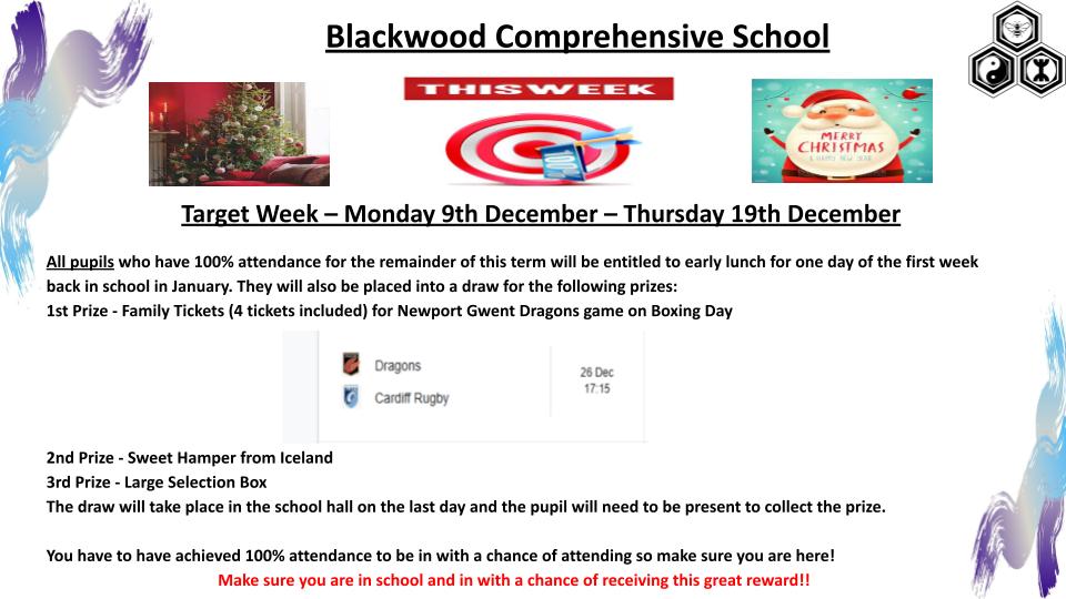 Blackwood Comp. (@blackwood_comp) on Twitter photo Parents, Carers & pupils. Next week is an attendance target week! 100% attendance with give you an early lunch pass in the New Year and entry into a prize draw! See below for full details. <a href="/CaerphillyCBC/">CaerphillyCBC</a> Parents, Carers & pupils. Next week is an attendance target week! 100% attendance with give you an early lunch pass in the New Year and entry into a prize draw! See below for full details. <a href="/CaerphillyCBC/">CaerphillyCBC</a>