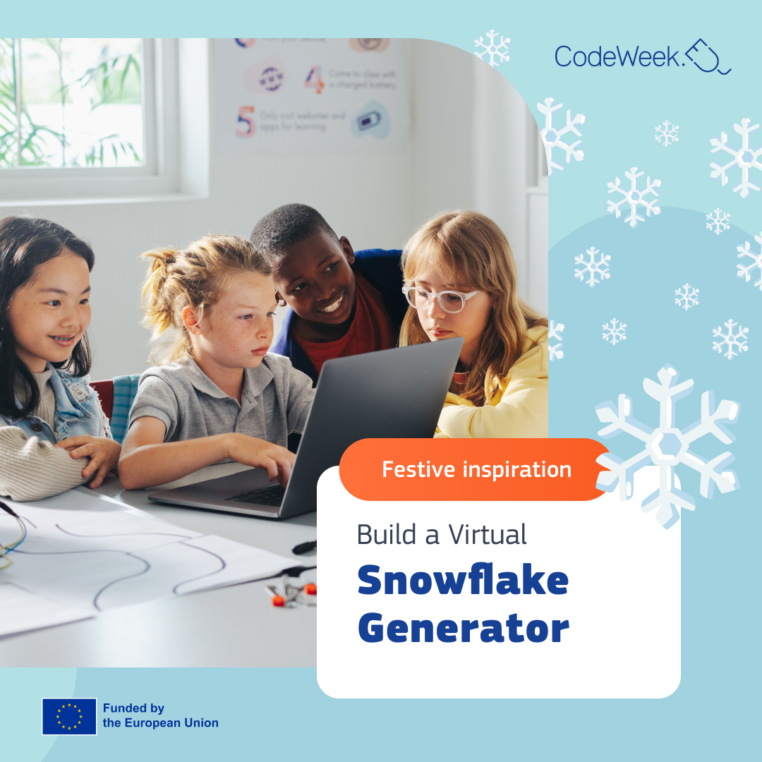 CodeWeekEU's tweet image. ❄️🎁During #CodingAtChristmas, challenge students to create a Virtual Snowflake Generator! Combine coding & symmetry to design stunning snowflakes with Python, JavaScript...
💡 Register your activity by Dec 20 for a chance to win prizes! 🎉 👉 ow.ly/tcvF50UiS97 #EUCodeWeek