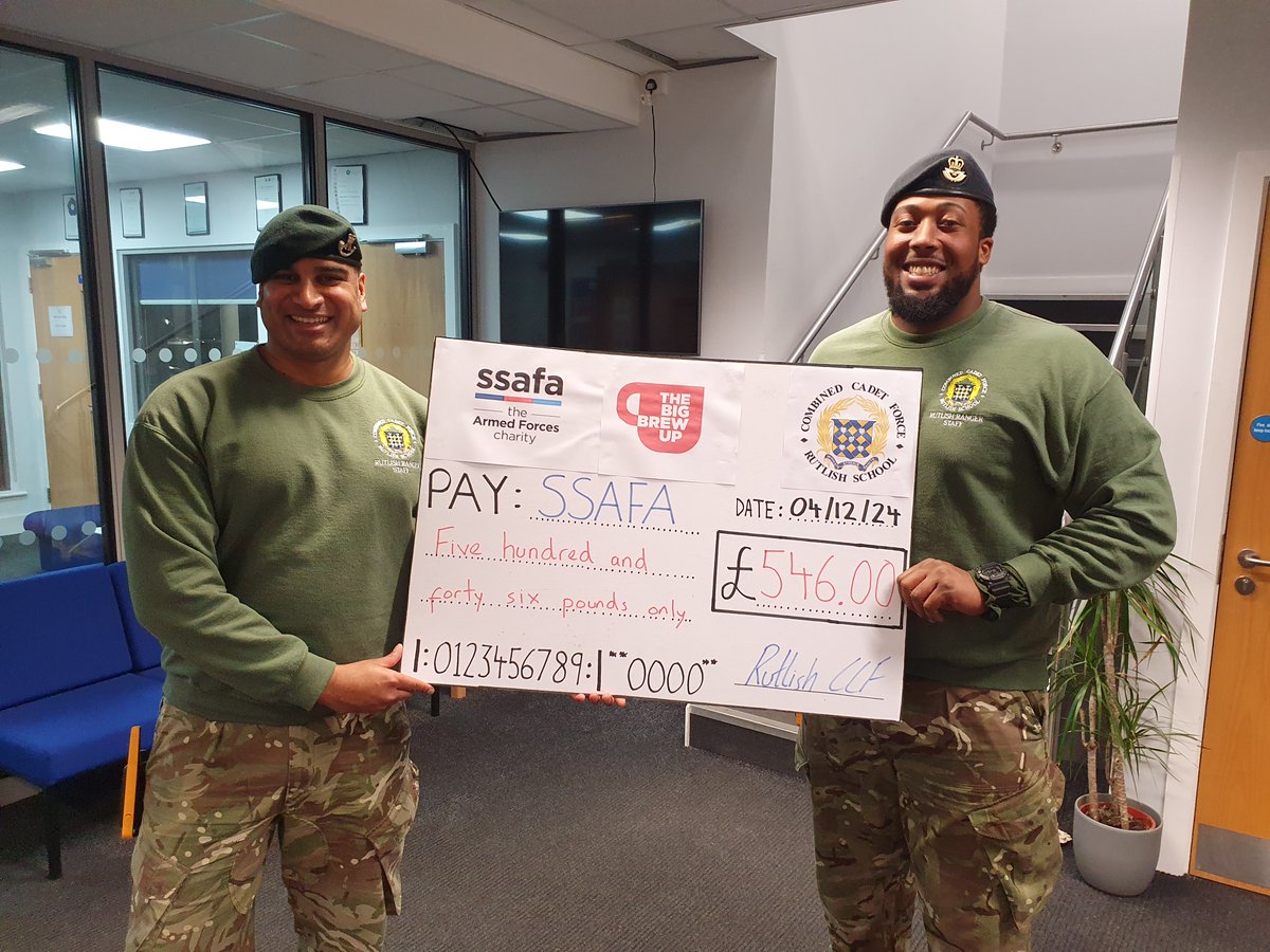 CCF Alumni
We are proud to have two Alumni running our CCF contingent who were students at the school in the 1990s and 2010s. Yesterday, the CCF held a cake sale and raised £546 for the SSAFA Armed Forces charity. Well done to everyone involved.
