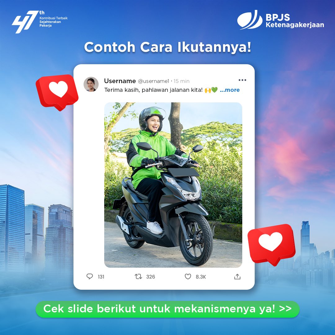 BPJSTKinfo's tweet photo. Yuk, ikut Giveaway Spesial 47 Tahun BPJS Ketenagakerjaan! Kisah paling menginspirasi akan mendapatkan hadiah menarik!

Periode Giveaway: 5-13 Desember 2024!

#KontribusiTerbaikSejahterakanPekerja 
#ApresiasiTanpaBatas 
#KerjaKerasBebasCemas https://t.co/bqUfQ9lUsE