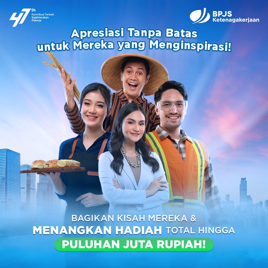 BPJSTKinfo's tweet photo. Yuk, ikut Giveaway Spesial 47 Tahun BPJS Ketenagakerjaan! Kisah paling menginspirasi akan mendapatkan hadiah menarik!

Periode Giveaway: 5-13 Desember 2024!

#KontribusiTerbaikSejahterakanPekerja 
#ApresiasiTanpaBatas 
#KerjaKerasBebasCemas https://t.co/bqUfQ9lUsE