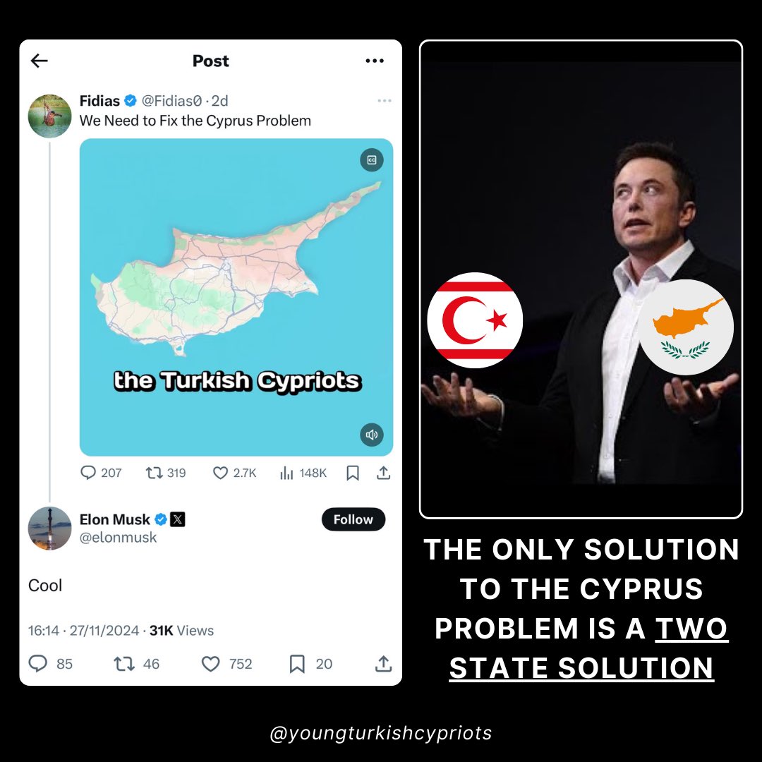 Young_Turk_Cyp's tweet photo. There has been over half of a century of failed federal talks, with the Greek Cypriot side rejecting over a dozen internationally proposed settlements.

@elonmusk, if you want to solve the Cyprus problem you must do so by accepting the facts on the ground.

Turkish Cypriots exist and so does their state: Turkish Republic of Northern Cyprus.