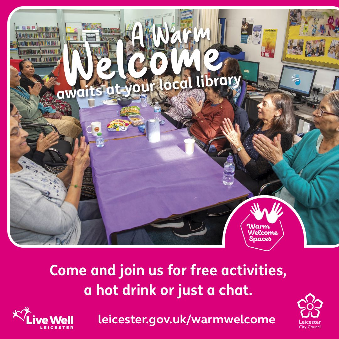 LiveWellLeics's tweet photo. If you want to escape the winter blues! find a #WarmWelcome in one of our participating libraries. Keep warm, have a hot drink & use our #FREE WIFI. To find your nearest #WarmWelcome @leicesterlibrar go to: https://t.co/YEm0zOB8Fb #letsgettogether #warmspace #costofliving https://t.co/MH6j6cGDB3