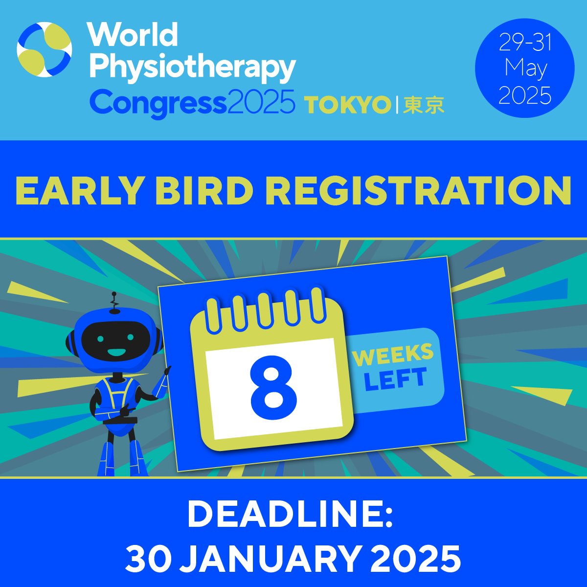 World Physiotherapy (@worldphysio1951) on Twitter photo Thinking of attending #WorldPhysio2025 in Tokyo?
The early bird registration ends in eight weeks!
More info: ow.ly/rGTV50UcvtJ
#GlobalPT <a href="/AWcpta/">Africa region of World Physiotherapy</a> <a href="/WorldPhysioAWP/">WorldPhysioAWP</a> <a href="/ERWorldPhysio/">Europe Region of World Physiotherapy 🇪🇺</a> <a href="/WorldPhysioNACR/">World Physiotherapy NAC</a> <a href="/WorldPhysioSAR/">World Physiotherapy SAR</a> Thinking of attending #WorldPhysio2025 in Tokyo?
The early bird registration ends in eight weeks!
More info: ow.ly/rGTV50UcvtJ
#GlobalPT <a href="/AWcpta/">Africa region of World Physiotherapy</a> <a href="/WorldPhysioAWP/">WorldPhysioAWP</a> <a href="/ERWorldPhysio/">Europe Region of World Physiotherapy 🇪🇺</a> <a href="/WorldPhysioNACR/">World Physiotherapy NAC</a> <a href="/WorldPhysioSAR/">World Physiotherapy SAR</a>
