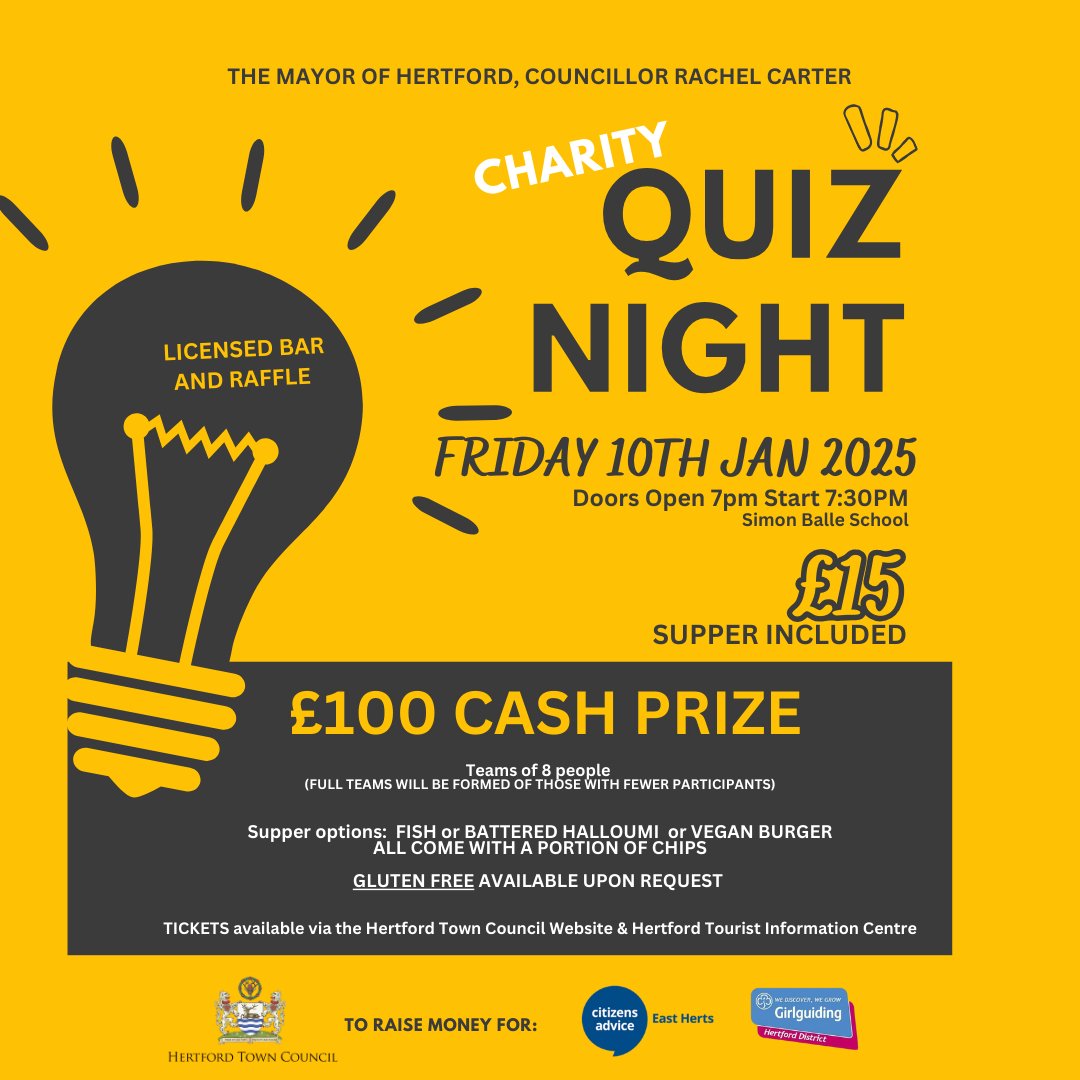 HertfordMayor (@hertfordmayor) on Twitter photo It's December so the <a href="/hertfordmayor/">HertfordMayor</a>, Cllr Rachel Carter's Charity Quiz Night is only next month! It is always a popular event, and sure to be lots of fun, so book your tickets in soon to secure your table.
Further information and link to booking hertford.gov.uk/events-listing… It's December so the <a href="/hertfordmayor/">HertfordMayor</a>, Cllr Rachel Carter's Charity Quiz Night is only next month! It is always a popular event, and sure to be lots of fun, so book your tickets in soon to secure your table.
Further information and link to booking hertford.gov.uk/events-listing…