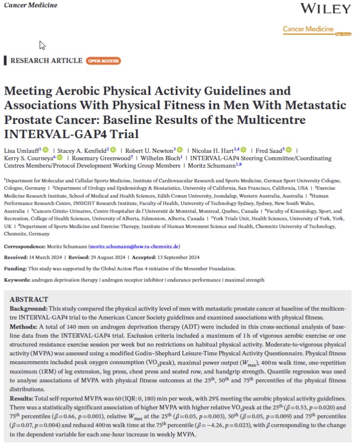 Rob Newton (@profrobnewton) on Twitter photo Only 29% of men recruited to the INTERVAL-GAP4 trial were meeting aerobic physical activity guidelines at baseline. Higher MVPA was associated with better aerobic capacity and walking performance but not maximal strength in men with metastatic prostate cancer on ADT. 
This is a Only 29% of men recruited to the INTERVAL-GAP4 trial were meeting aerobic physical activity guidelines at baseline. Higher MVPA was associated with better aerobic capacity and walking performance but not maximal strength in men with metastatic prostate cancer on ADT. 
This is a