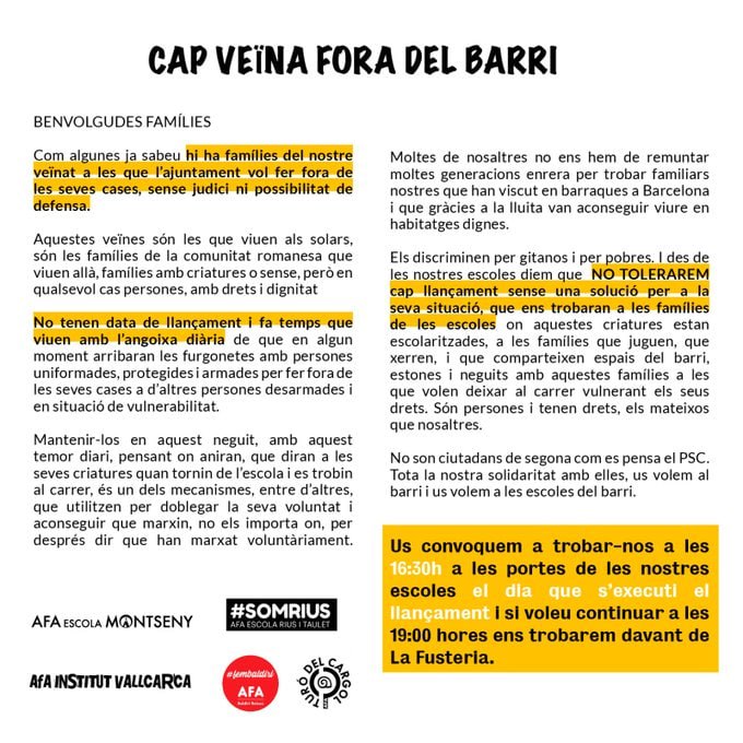 <a href="/danielsirera/">Dani Sirera</a> Les famílies del Turó del cargol ens posicionem clarament en contra del desallotjament dels assentaments a Vallcarca fins que no hi hagi una opció habitacional real i assequible per les persones que hi viuen. La resta són solucions aporofòbiques i xenòfobes i no ens hi trobareu.