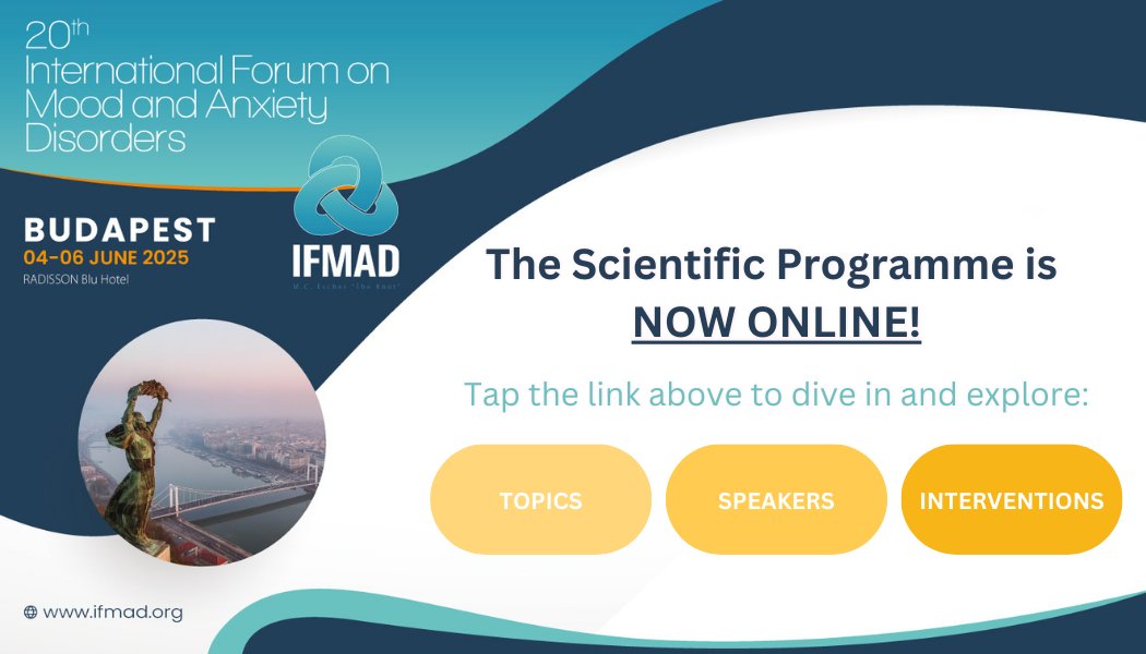 📢The IFMAD 2025 Preliminary Scientific Programme is now available!📢

Explore the latest topics in mental health, from innovative therapies to advancements in mood disorder treatments.

👆Find out more here ifmad.org/2025/?page_id=… 

#IFMAD25 #Anxiety #Mooddisorder #Mentalhealth