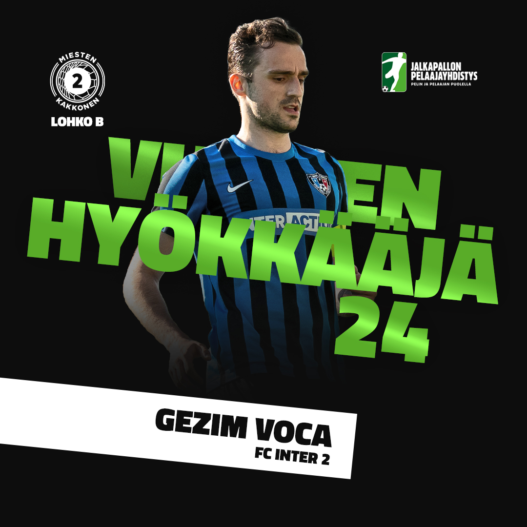 𝗠𝗜𝗘𝗦𝗧𝗘𝗡 𝗞𝗔𝗞𝗞𝗢𝗡𝗘𝗡 𝗟𝗢𝗛𝗞𝗢 𝗕 | 𝗣𝗮𝗿𝗵𝗮𝗮𝘁 𝗽𝗲𝗹𝗶𝗽𝗮𝗶𝗸𝗸𝗮𝗸𝗼𝗵𝘁𝗮𝗶𝘀𝗲𝘁 𝗽𝗲𝗹𝗮𝗮𝗷𝗮𝘁

🧤 Joonas Immonen, <a href="/TampereUnited/">Tampere United</a>
🛡️ Oliver Kangaslahti, <a href="/FCInterTurku/">FC Inter Turku</a> 2
⚖️ Medo, <a href="/hjs_miehet/">HJS - Miesten edustus</a>
⚡ Gezim Voca, <a href="/FCInterTurku/">FC Inter Turku</a> 2

#pelaajanääni #captainsball2024
