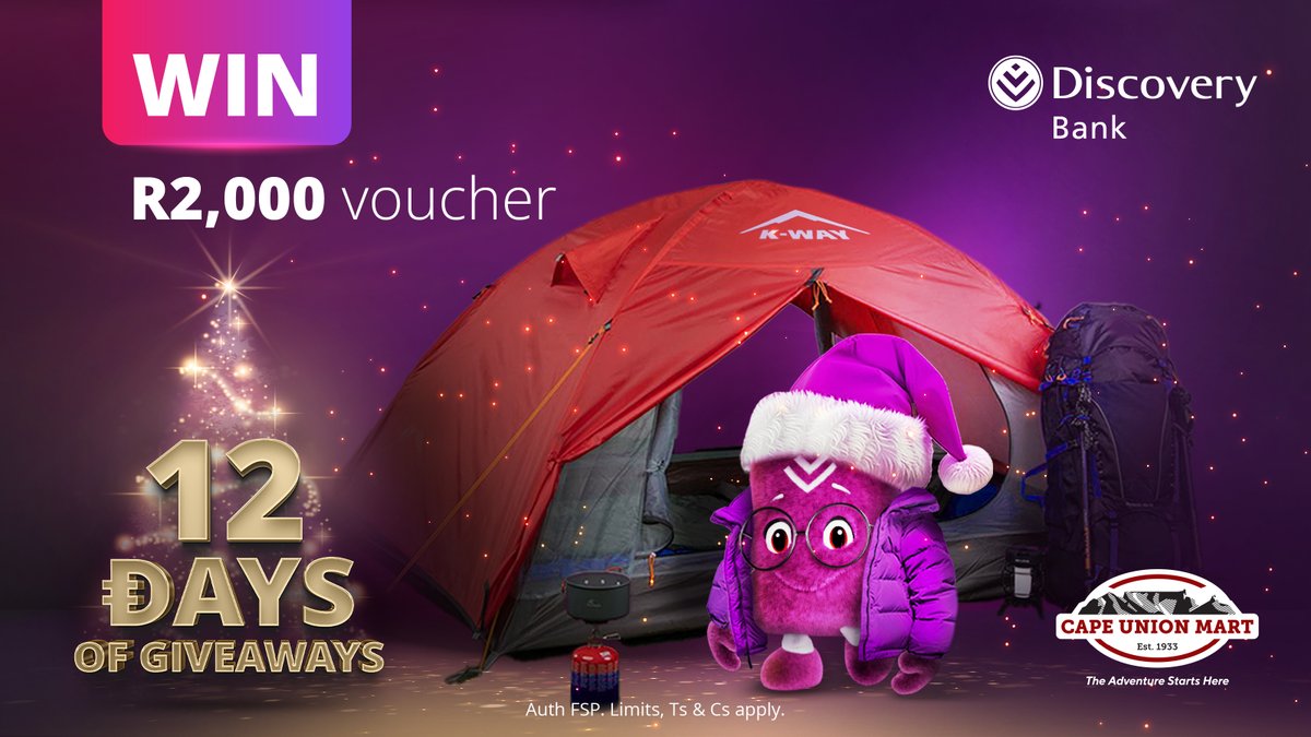 Discovery_SA's tweet photo. Day 5 of #12daysofgiveaways is all about gearing up for the holidays, and there’s no better way than with a R2,000 voucher from @CapeUnionMart!
Tell us how your Ðiscovery Miles will help you get holiday ready? Use #DiscoveryBestBank &amp; #12daysofgiveaways to enter!🎄 
Ts&amp;Cs apply. https://t.co/7A9RiEtw4I