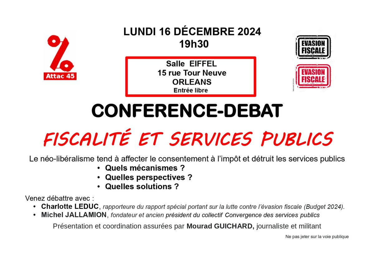 EELVOrleanais's tweet photo. Participez à la conférence "Fiscalité et Services Publics" organisée par @Attac45

Avec Charlotte Leduc et Michel Jallamion pour enrichir le débat, et une présentation assurée par Mourad Guichard.

Ne manquez pas cet événement ! https://t.co/RD8uWNGmCz