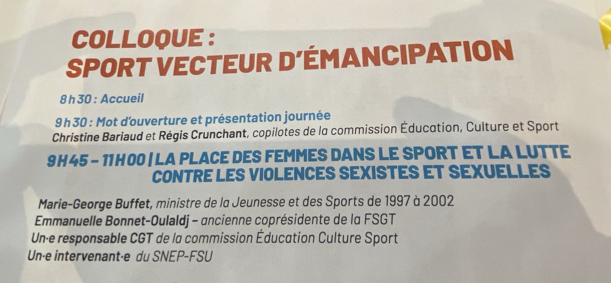 Colloque CGT #Sport vecteur d’émancipation Place des #femmes dans le sport lutte contre les #violencessexistesetsexuelles avec Marie Georges Buffet, Emmanuelle Bonnet-Oulaldj, Benoit Hubert ⁦<a href="/snepfsu/">SNEP FSU #HelloQuitX #20janvier</a>⁩ et Christine Bariaud ⁦<a href="/lacgtcommunique/">La CGT</a>⁩