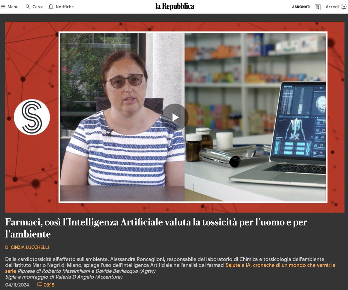 https://bsky.app/profile/aichemist.bsky.social (@aichemist_dn) on Twitter photo AiChemist PI Alessandra Roncaglioni aichemist.eu/irfmn-supervis…, head of the Environmental Chemistry and Toxicology Laboratory of <a href="/MarioNegriIRCCS/">Istituto Mario Negri</a> in Milan, explains the use of Artificial Intelligence for the analysis of drugs. Enjoy listening, if you parli Italiano 😉. AiChemist PI Alessandra Roncaglioni aichemist.eu/irfmn-supervis…, head of the Environmental Chemistry and Toxicology Laboratory of <a href="/MarioNegriIRCCS/">Istituto Mario Negri</a> in Milan, explains the use of Artificial Intelligence for the analysis of drugs. Enjoy listening, if you parli Italiano 😉.