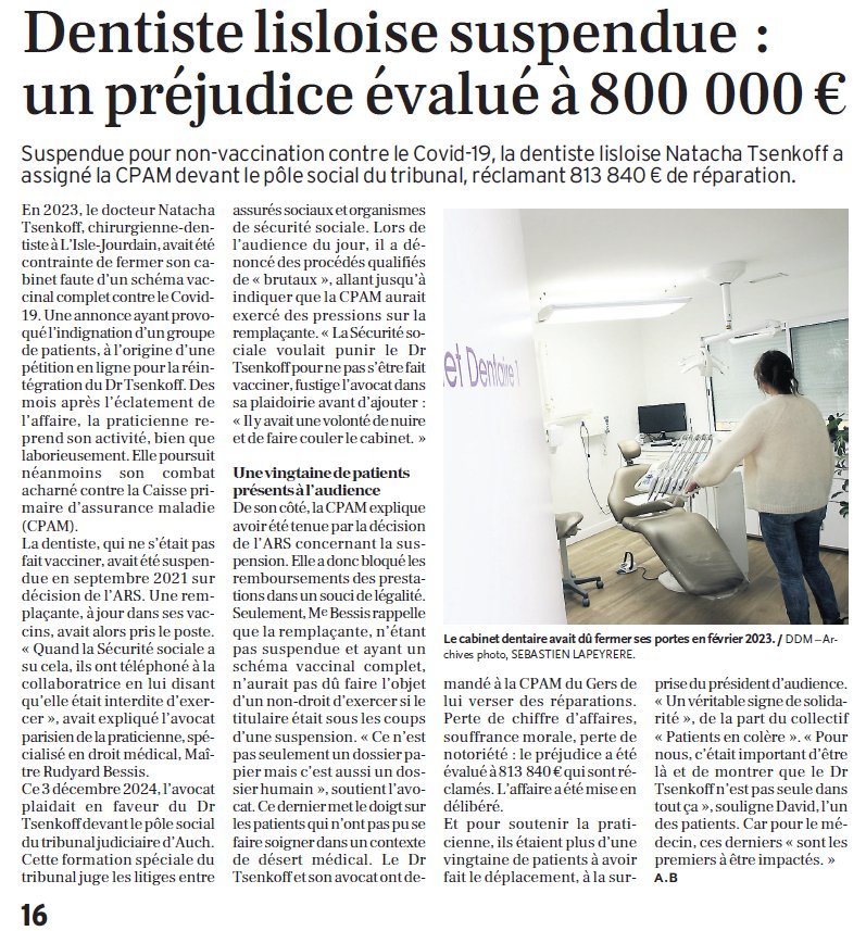 StatChrisCotton's tweet photo. C'est l'histoire d'une dentiste non vaccinée, Natacha Tsenkoff, qui doit fermer son cabinet. Elle trouve une remplaçante vaccinée pour suivre ses patients, la CPAM lui interdit aussi d'exercer. Et tout ceci au nom de la SCIEENNCE ! Une science dévoyée, une recherche clinique qui a sombré dans les bas fonds de l'incohérence et de la fraude. Bravo les incultes, continuez, bientôt vous serez remplacés par une IA, elle ne fera pas preuve de moins d'humanité que vous.