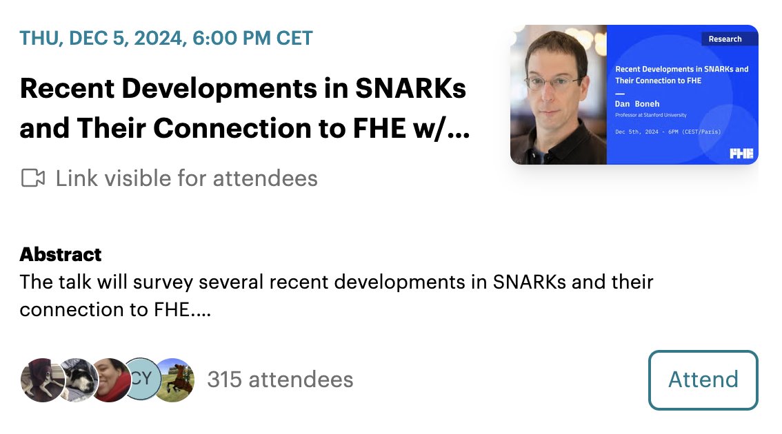 fhe_org's tweet image. 315 attendees for @danboneh's meetup tonight! Don't miss it, register here: meetup.com/fhe-org/events…
#FHE #cryptography #FullyHomomorphicEncryption