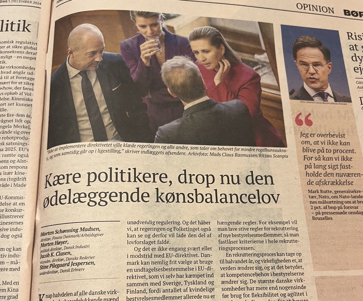 Stop nu den overimplementering &amp; brug undtagelsen i kønsbalancedirektivet ligesom Tyskland, Sverige og Finland. De virksomheder som rammes af administrativt bøvl er præcis dem, som er godt på vej mod målet om 40% kvinder i bestyrelsen. Målet er rigtigt, men midlet helt forkert.