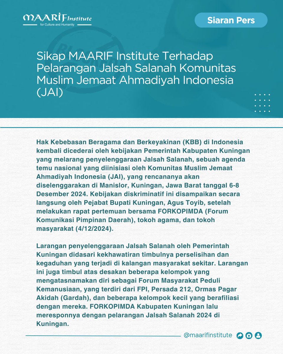 maarifinstitute's tweet photo. Sikap MAARIF Institute Terhadap Pelarangan Jalsah Salanah Komunitas Muslim Jemaat Ahmadiyah Indonesia (JAI). https://t.co/uewpj2xViu