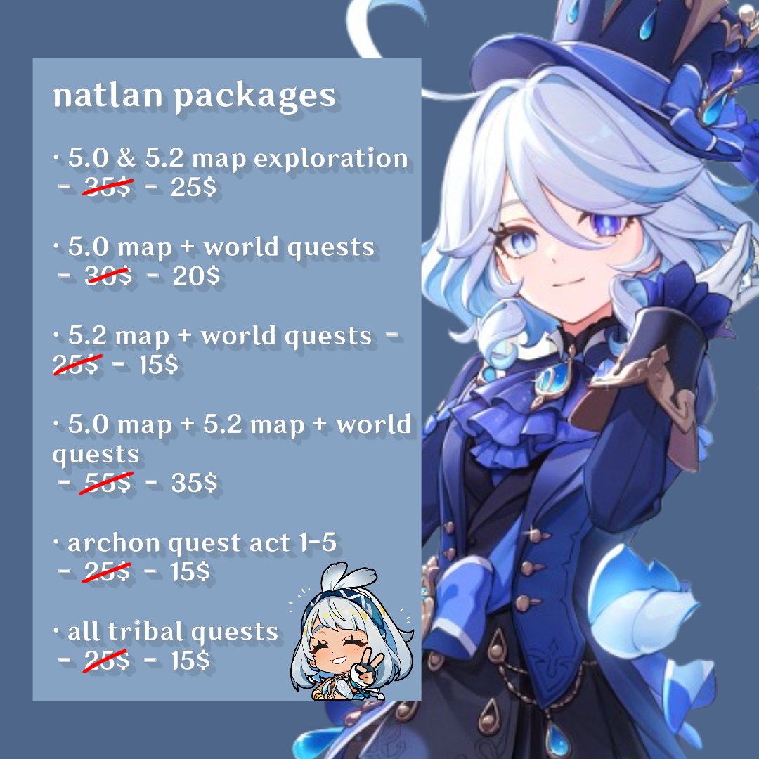 vodyatsar's tweet photo. character building &amp; natlan exploration bundles sale 🐳

exclusive offers for character building services and natlan exploration ~

DM or fill up the form in bio to avail ^_^ #genshintwt #genshinpilot #genshinimpact https://t.co/GkanXX9EoN