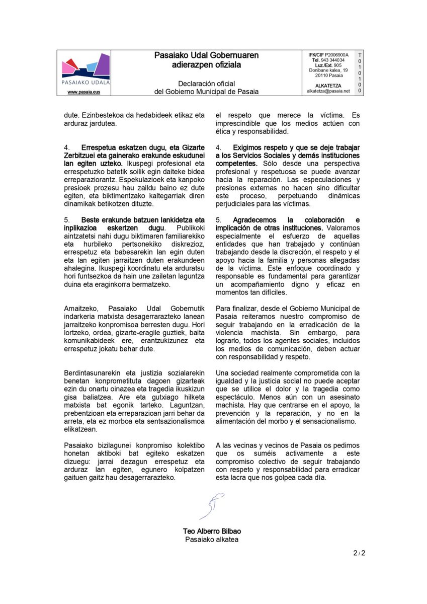 Udal Gobernuaren adierazpena: errespetua eta ardura eskatzen ditugu, eta pasaitarrei konpromiso kolektibo honetan aktiboki bat egiteko.