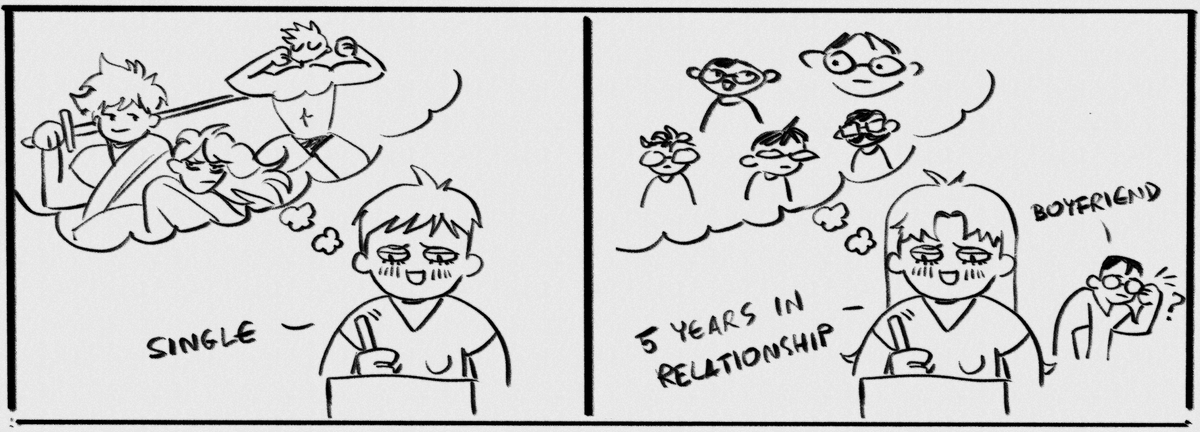 It's funny when I think about a conversation I had with a friend of mine a few years ago when he found out my boyfriend and I had started dating because he thought I was into completely different types ("I thought you liked anime guys or smth"), and after all he wasn't wrong. 