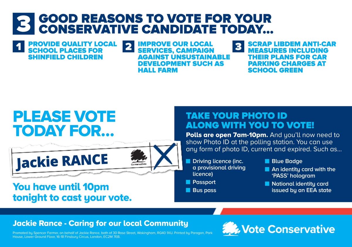 If you live in #shinfield there is only one choice today. The Liberal Democrat’s broke their promises on hall  farm. Only one local party has continually opposed 4000 houses on farmland. Vote for Jackie Rance - the only person you can trust #wokingham