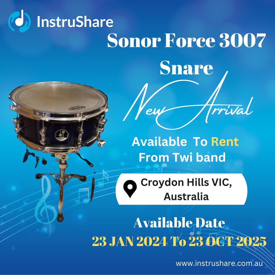 InstruShare's tweet photo. Drummers unite! 🎵

The Sonor Force 3007 Snare is your ticket to unmatched sound and style.

Available for rent in Croydon Hills, VIC, Australia from 23 Jan 2024 to 23 Oct 2025.
Book it today and let your talent shine!

For more information, visit - https://t.co/KBfZBiAegS https://t.co/zgFvOXQQ44