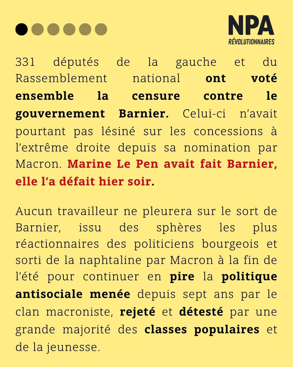 npa_revo's tweet image. #Barnier censuré, place aux travailleurs et travailleuses ! Notre communiqué de presse :