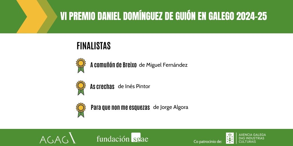 AGAGuionistas's tweet photo. 🚀 Finalistas do VI Premio Daniel Domínguez:

⚡ @miguelfernangon - ‘A comuñón de Breixo’
⚡ Inés Pintor - ‘As crechas’
⚡ @JorgeAlgora - ‘Para que non me esquezas’

🏆 O gañador anunciarase o 13/12 na sede da Fundación SGAE en Santiago https://t.co/ecM94y2ssz