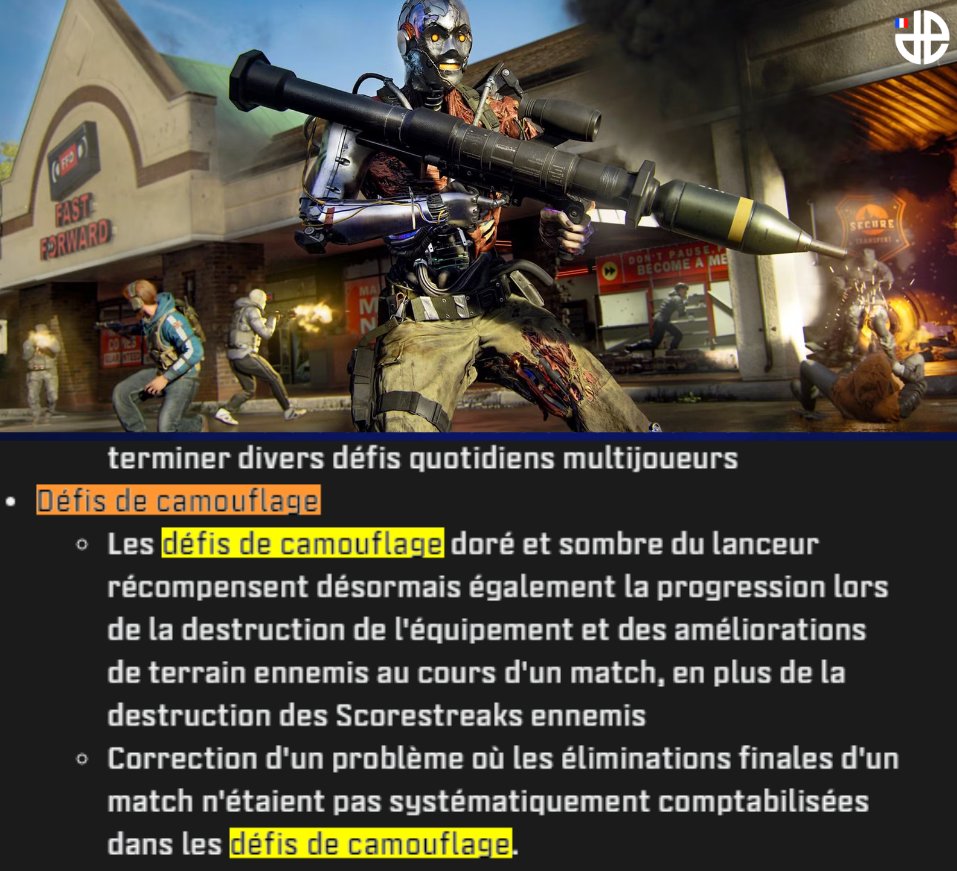 DexertoIntelFR's tweet photo. 💥 Les défis de camos "Or" et "Vertèbres noires" des lanceurs seront plus simples désormais !

👉 Détruire les équipements &amp; améliorations de combat ennemis compteront en effet dans la progression du défi (en plus de la destruction des scorestreaks/véhicule) https://t.co/Iq31vEFG4N