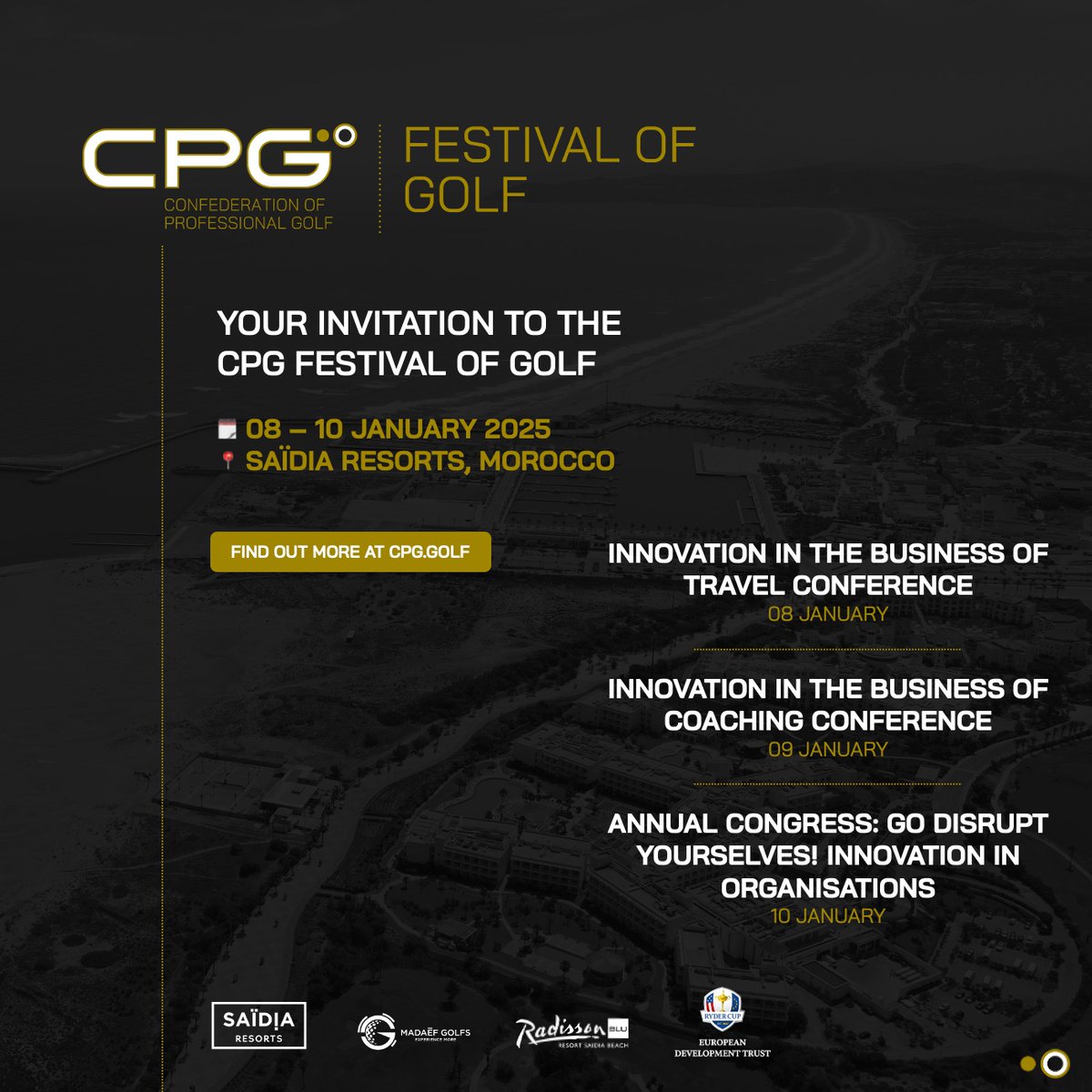 Don't miss your chance to join us at the #CPGFestivalofGolf! 🎉

🗓️ 8-10 Jan
📍 #Saïdia Resort, Morocco 🇲🇦

Registrations open to anyone looking to enhance client #experiences and increase your earnings from your #coaching &amp; #golftravel!

Find out more @ cp.golf/festival