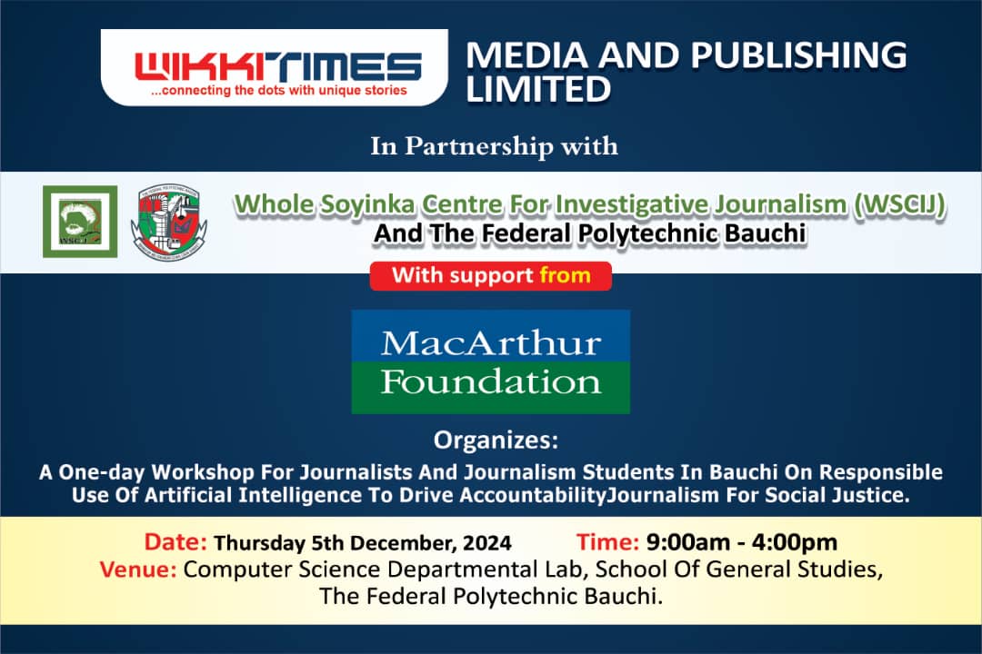 wikkitimes's tweet photo. Get ready to revolutionize journalism! ๐ค Our one-day workshop on AI and accountability journalism is coming soon. Stay tuned for more details!
@macfound @WSoyinkaCentre @NAMIP_MDIF
#AIJournalism
#FutureofJournalism #AccountabilityJournalism
#BauchiTech
#WorkshopAlert
#MacArthurFoundation
#WikkiTimes
#WSCIJ #FederalPolytechnicBauchi