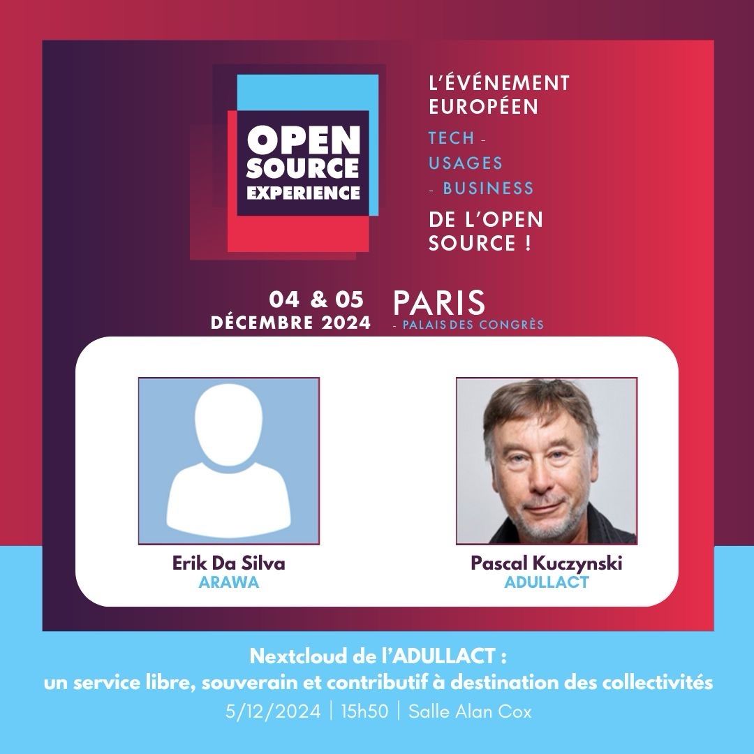 ADULLACT (@adullact) on Twitter photo 📢 Dernier jour à l’@osxp_Paris ! Retrouvez-nous au stand A11 avec #maarch.
📅 15h50 : Conférence "Nextcloud de l’ADULLACT : un service libre et souverain pour les collectivités" avec <a href="/Arawa_fr/">Arawa - Collaboration Open Source</a>.
On vous attend nombreux ! #LogicielLibre 📢 Dernier jour à l’@osxp_Paris ! Retrouvez-nous au stand A11 avec #maarch.
📅 15h50 : Conférence "Nextcloud de l’ADULLACT : un service libre et souverain pour les collectivités" avec <a href="/Arawa_fr/">Arawa - Collaboration Open Source</a>.
On vous attend nombreux ! #LogicielLibre
