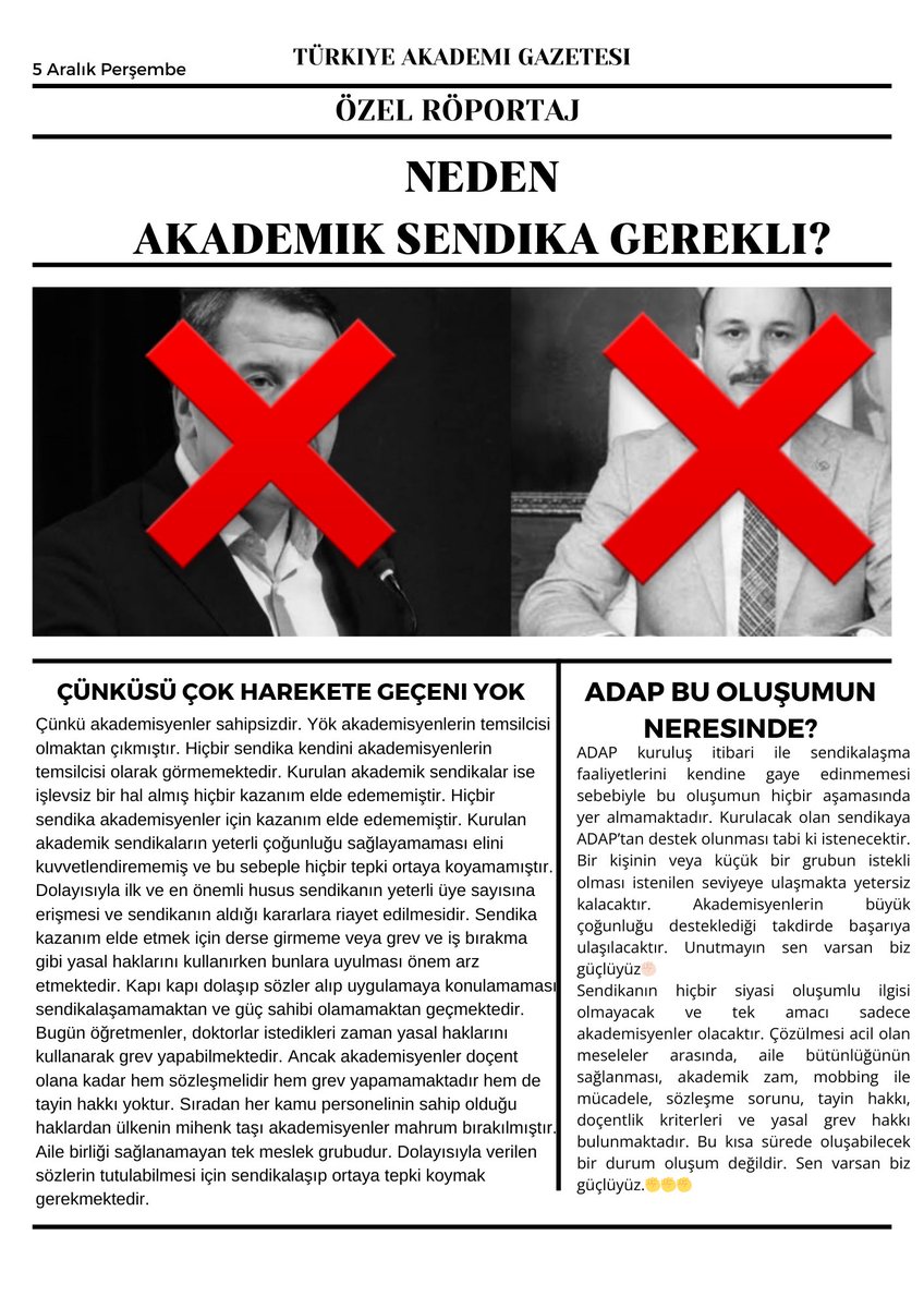 Yeni Sendika Neden Gerekli? 
<a href="/ADAP_2023/">Akademik Dayanışma Platformu</a> bu oluşumun neresinde?
Yeni Sendika nelere öncelik verecek?
Yök’ün akademisyenleri temsiliyeti kaldı mı?
#akademikzam #öğretimelemanı #memur #Enflasyon 
Önümüzdeki 6 aylık süreçte oluşumu tamamlanacak olan sendika için gönüllüler gerekli.