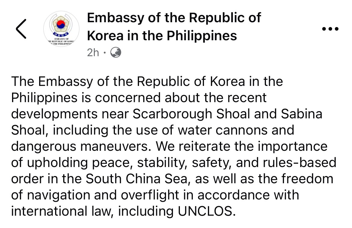 ABSCBNNews's tweet photo. READ: The Embassy of South Korea in the Philippines expresses concern about the latest incident near Scarborough and Sabina shoals and reiterates the importance of upholding international law. | via @zenhernandez https://t.co/TRHZDIQwL6