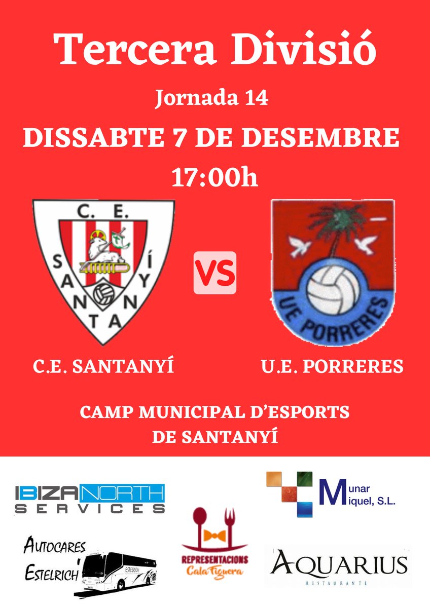 🔛 Aquest dissabte tenim PARTIDÀS a Santanyí

🆚 Rebrem al Porreres

⏰ 17:00h

💪🏼 Vos hi esperam, veniu a animar a l’equip!

AMUNT SANTANYÍ

🔴⚪️🔴⚪️