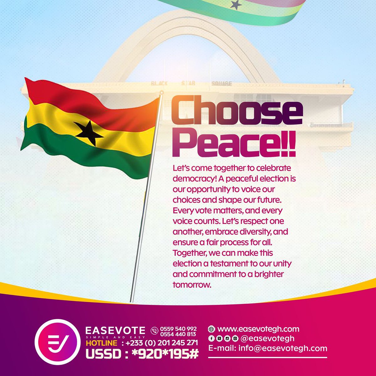ease_vote's tweet image. 🟣⚪🟣⚪🟣⚪🟣⚪
➖➖➖➖➖➖➖➖
Together, let us commit to a peaceful election, knowing that the strength of our democracy lies in our collective will to uphold its principles.
Remember, peace is the foundation upon which we build progress and unity.

#EaseVoteGh
#SimpleAndEasy