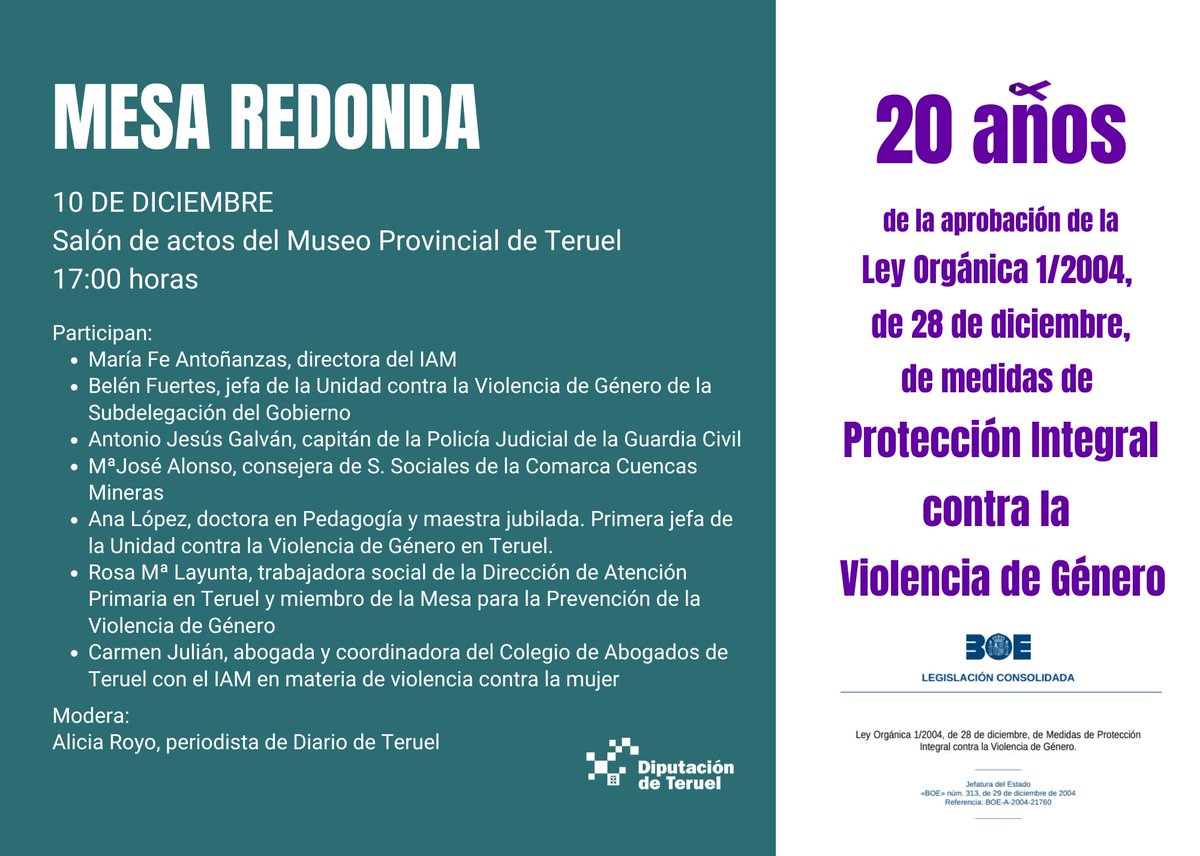 IGUALDAD 💜

La DPT ha preparado una mesa redonda mañana a las 17:00 en el Museo Provincial con motivo del 20 aniversario de la Ley contra la Violencia de Género. Los diferentes integrantes luchan por erradicar esta lacra desde diferentes instituciones.

#JuntosHacemosProvincia