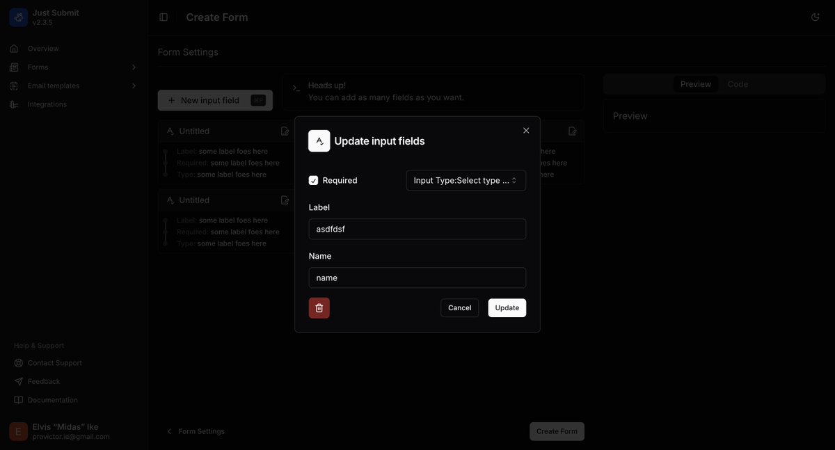 _elvis_ndubuisi's tweet photo. 1 week, 1 feature. Adding form fields with proper validation is almost done. Working 9-5 and still working on #JustSubmit hasn't been easy.
What do you think about the UI
#dev #buildinpublic #honoJs #Nextjs https://t.co/YiebsMSmPh