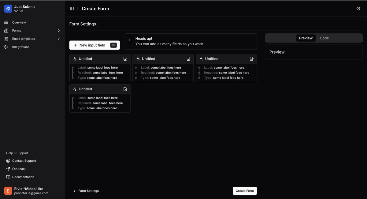 _elvis_ndubuisi's tweet photo. 1 week, 1 feature. Adding form fields with proper validation is almost done. Working 9-5 and still working on #JustSubmit hasn't been easy.
What do you think about the UI
#dev #buildinpublic #honoJs #Nextjs https://t.co/YiebsMSmPh