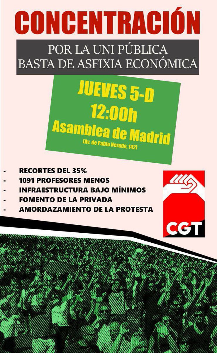 AbrirBrechaMad's tweet photo. ✊🏽 Sólo hay una manera de frenar los ataques a la universidad pública por parte del gobierno de Ayuso: la autoorganización de trabajadoras y estudiantes

📍 Nos vemos hoy a las 12 frente a la Asamblea de Madrid https://t.co/PgPi9VOEra