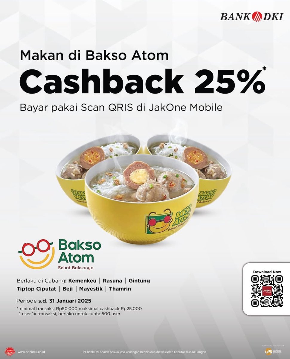 🍜 Makan Bakso Atom, Cashback 25%! 🍜

Makin nikmatin bakso favoritmu di Bakso Atom dengan cashback 25%! Bayar pakai Scan QRIS di JakOne Mobile, langsung untung banyak! #BaksoAtom #Cashback25 #JakOneMobile #PromoBankDKI #BaksoLezat #CashbackMakan