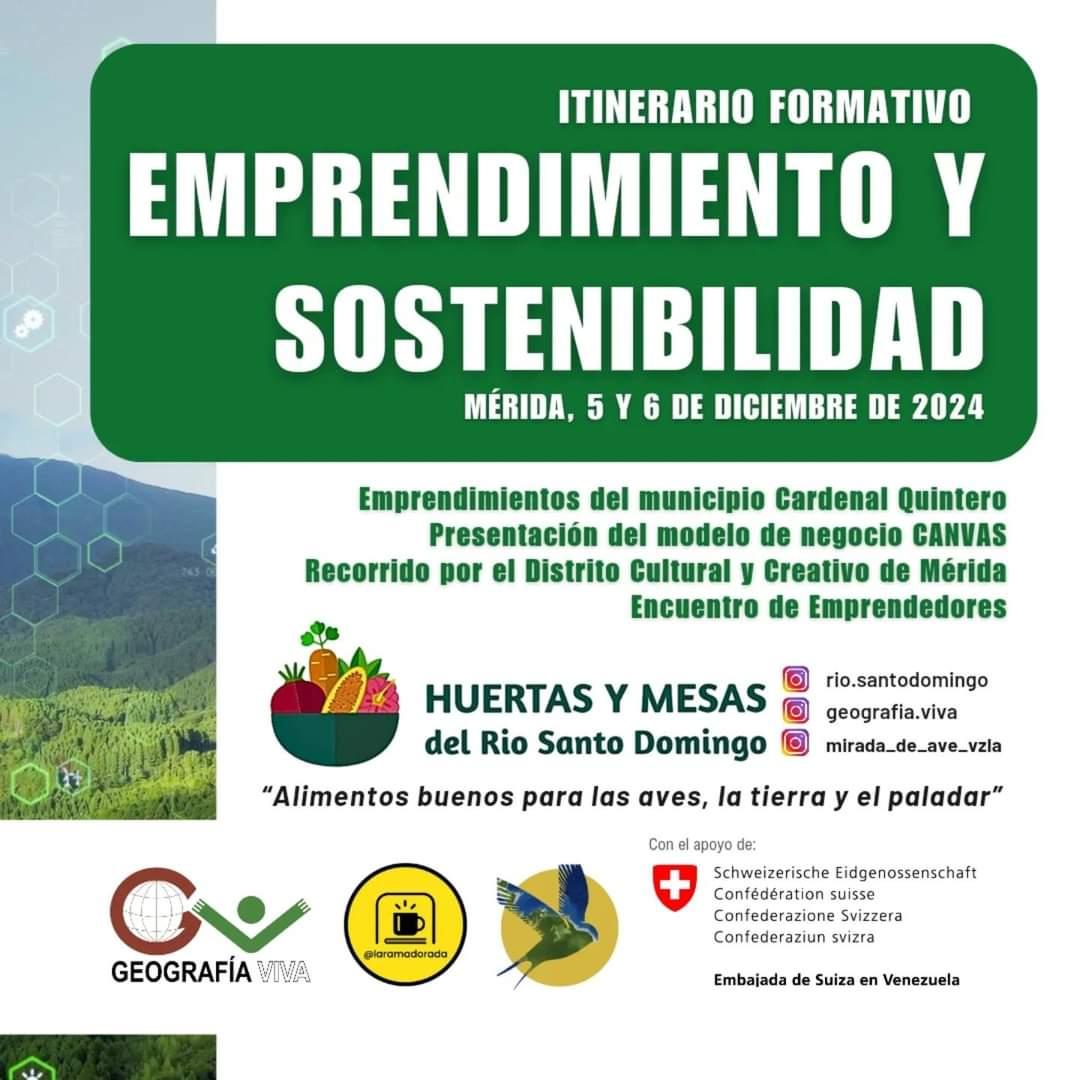 Emprendimiento y Sostenibilidad
Huertas y mesas del Río Santo Domingo

Con <a href="/LaRamaDorada/">La Rama Dorada 📚☕</a>
Mérida, 5 y 6 de diciembre

🍕👩🏽‍🏫👨🏼‍🍳👩🏼‍🌾
Tendremos la participación de líderes sociales y gremiales, empresarios exitosos, experimentados emprendedores, personas conocedoras #huertasymesas